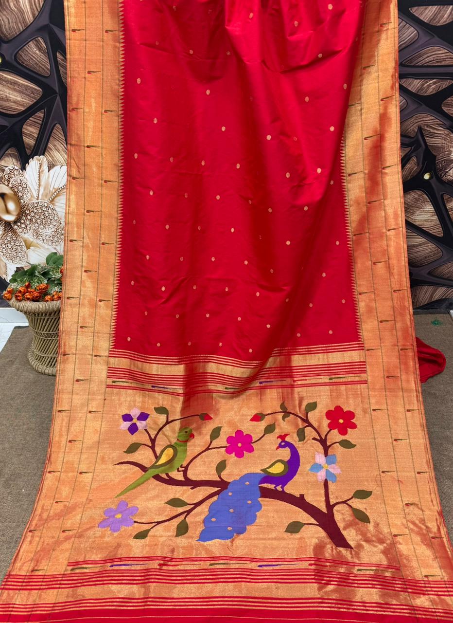Hand Woven Pure Silk Red Muniya Border Paithani (Copy)