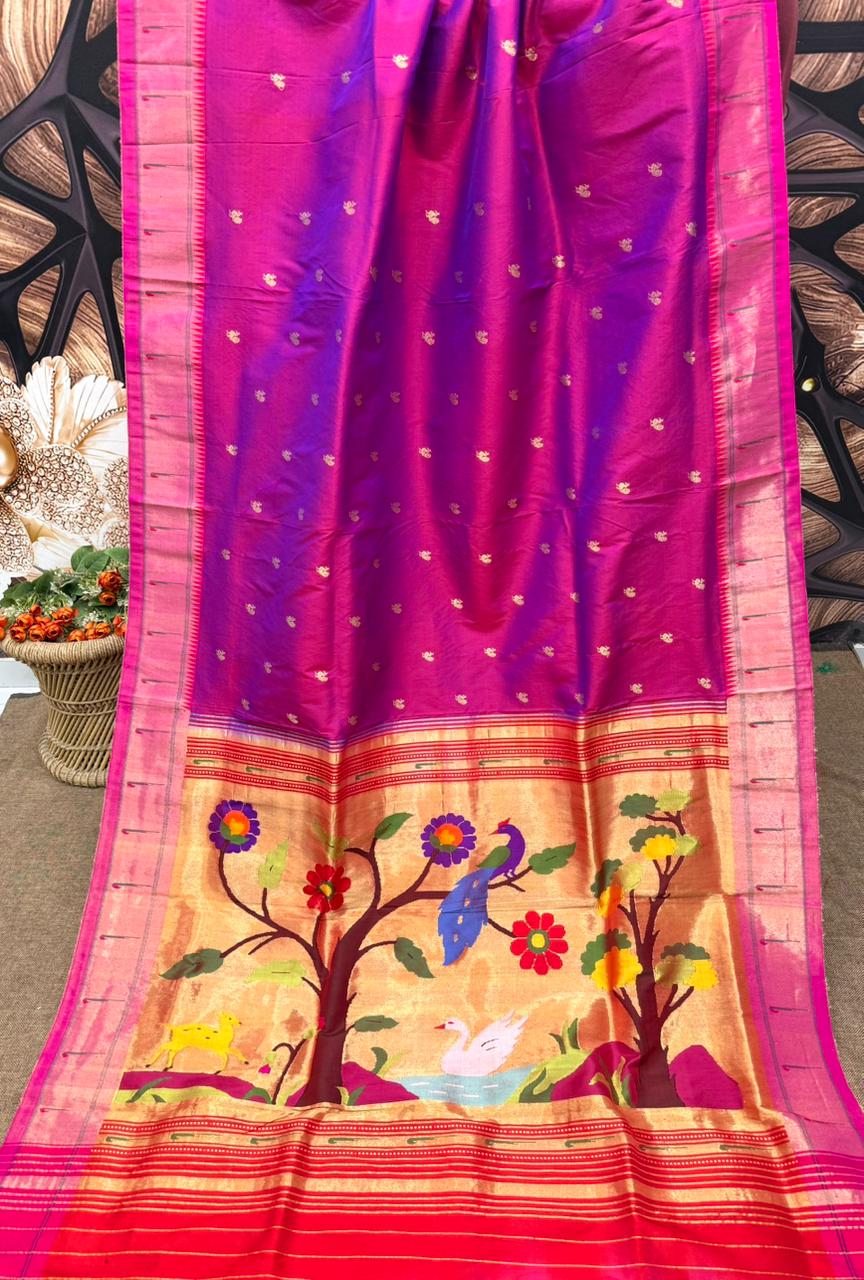 Handwoven Pure Silk Muniya Border Paithani Saree