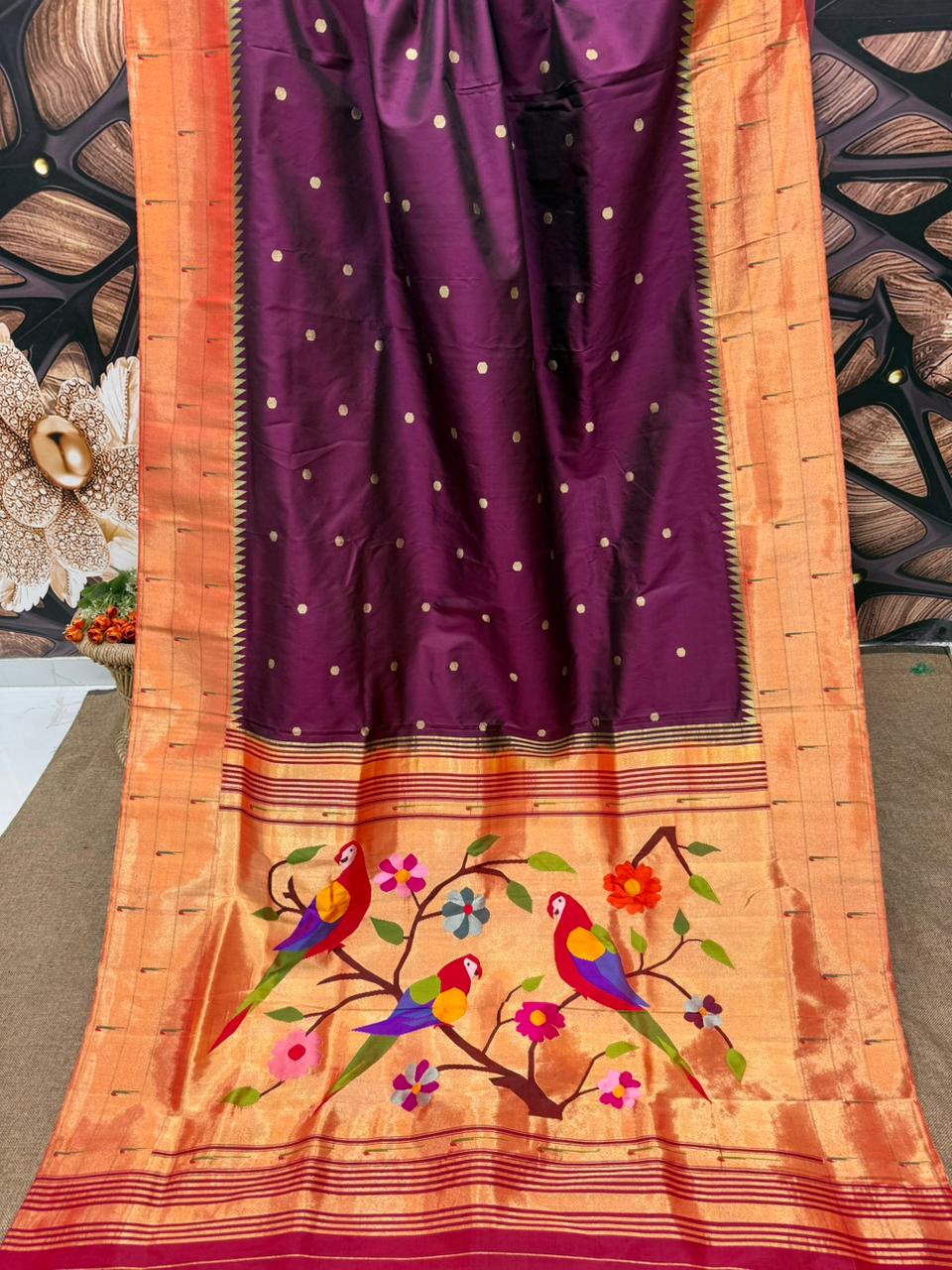 Hand Woven Pure Silk wine Triple Muniya Border Paithani