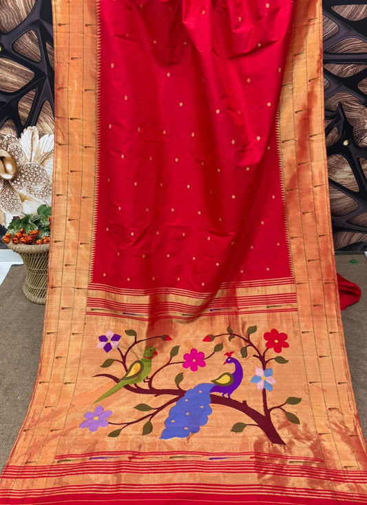 Hand Woven Pure Silk Red Muniya Border Paithani (Copy)