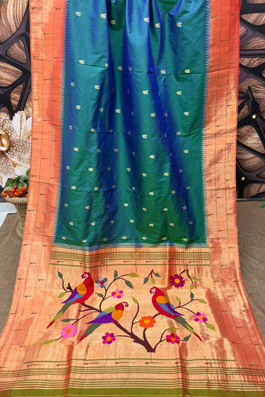 Hand Woven Pure Silk Peacock Green Triple Muniya Border Paithani