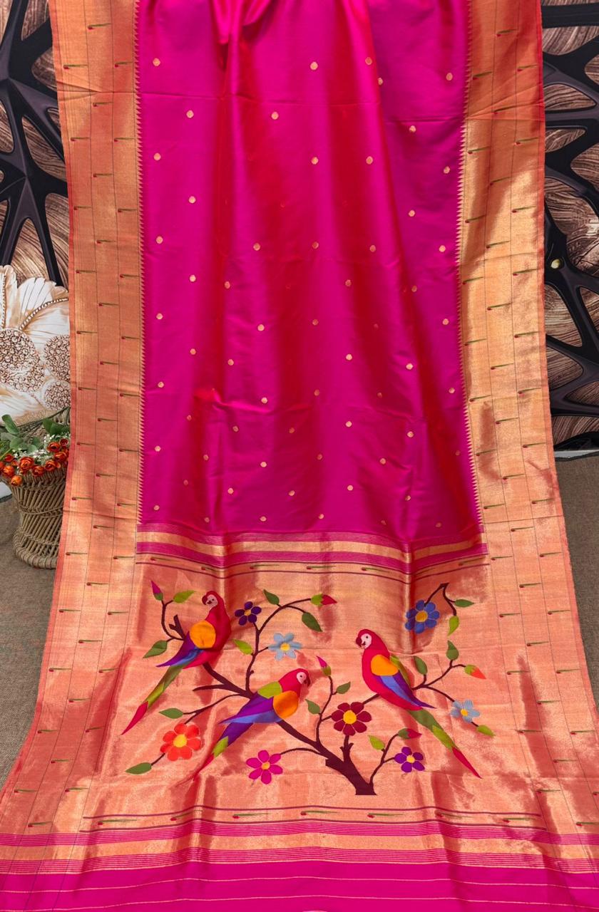 Hand Woven Pure Silk Pink Triple Muniya Border Paithani