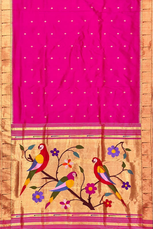Hand Woven Pure Silk Muniya Border Paithani Saree