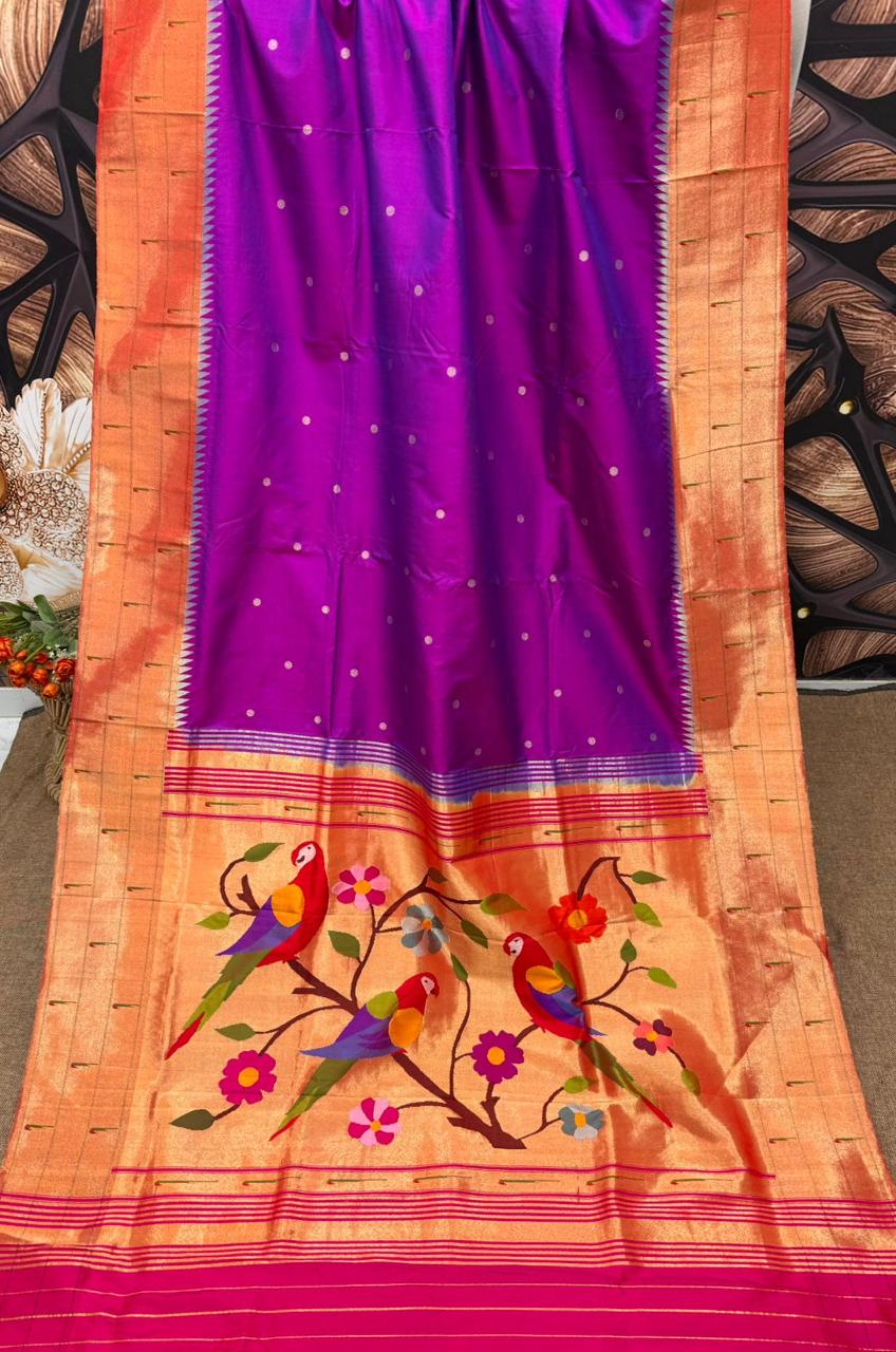 Hand Woven Pure Silk Purple Triple Muniya Border Paithani