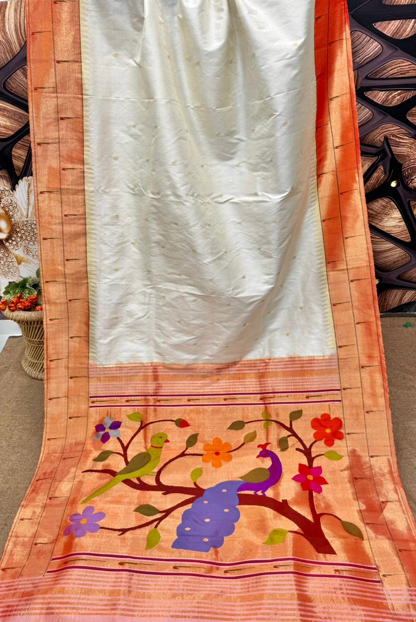 Hand Woven Pure Silk Off White Muniya Border Paithani