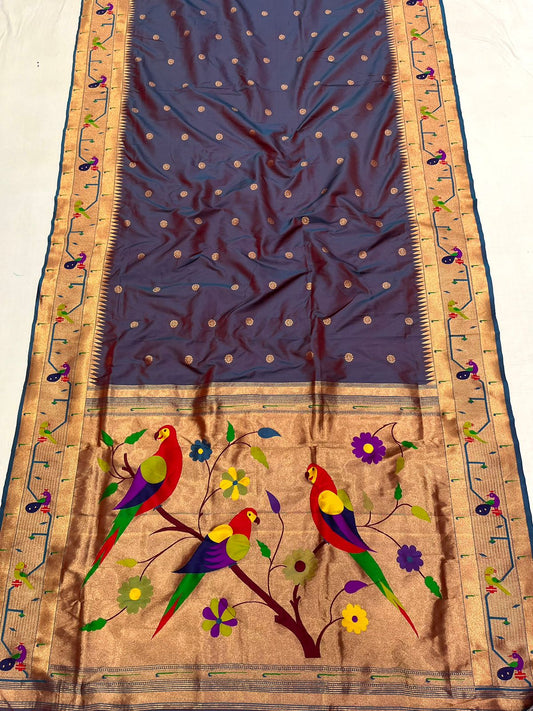 Peacock & Parrot Border Paithani