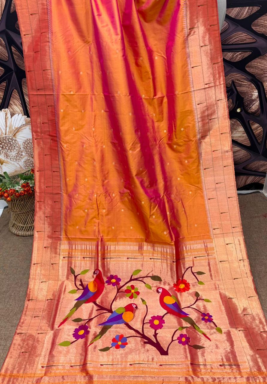 Hand Woven Pure Silk Peach Muniya Border Paithani