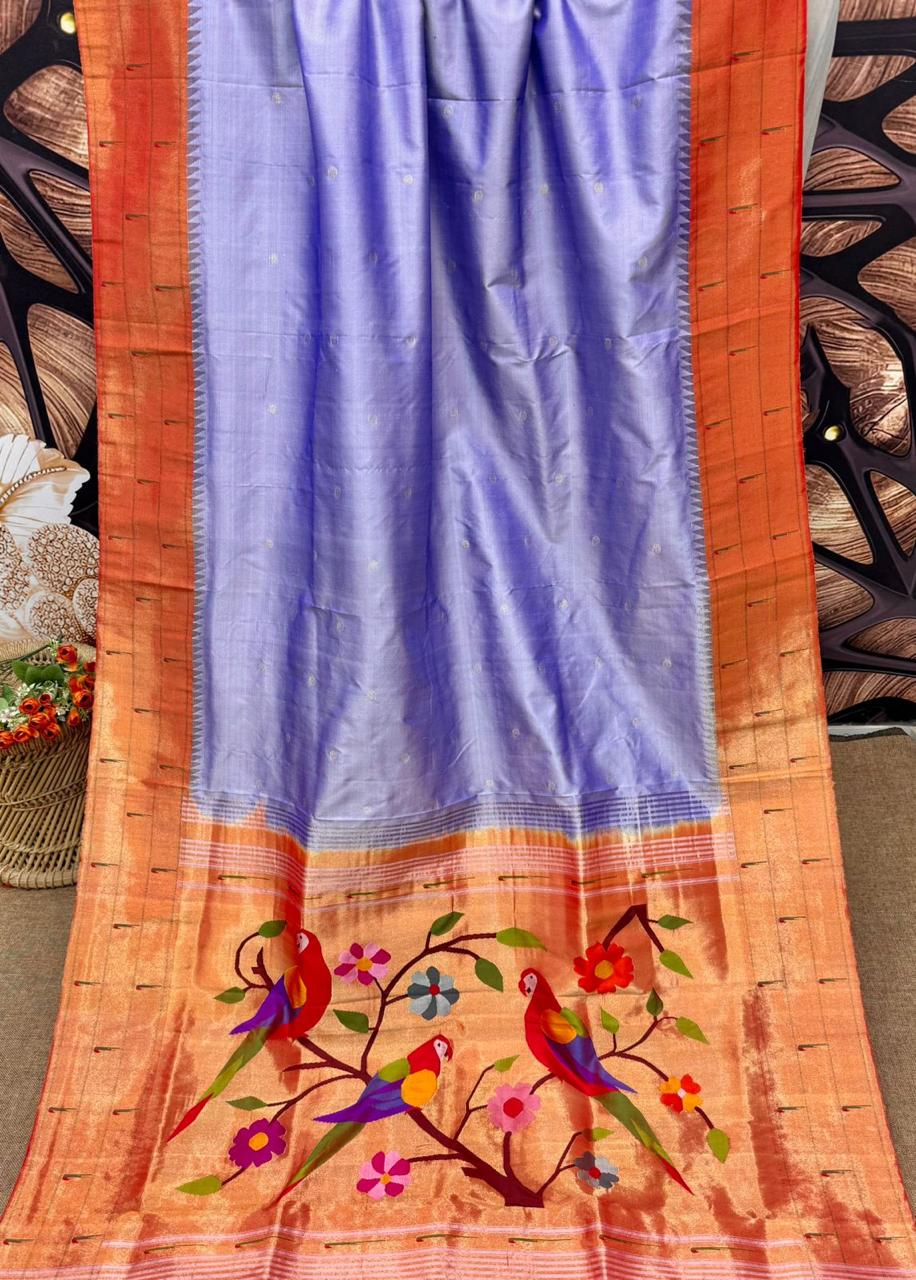 Hand Woven Pure Silk Lavender Muniya Border Paithani